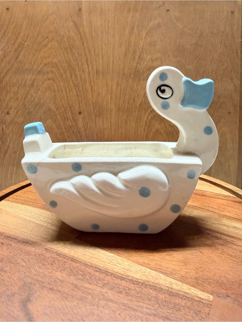 White and Light Blue Ceramic Swan Planter - Home Art